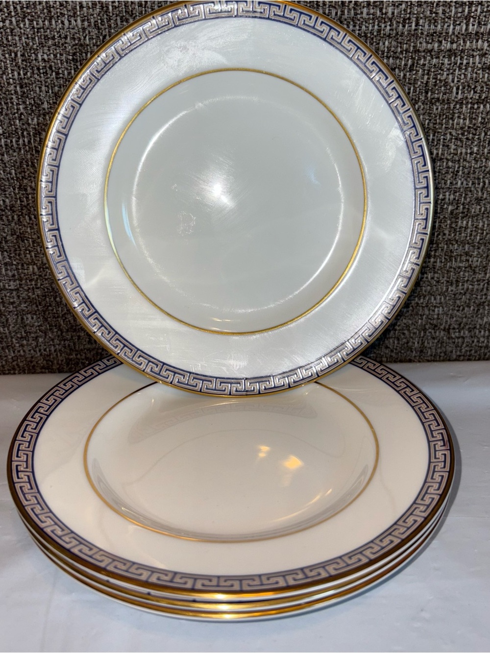Wedgwood Palatia China Set 4 Bread Butter Plates Blue 24K Gold Greek Key Border
